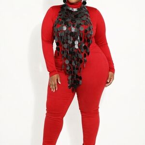 Red Jumpsuit with Black Sequin Detail
